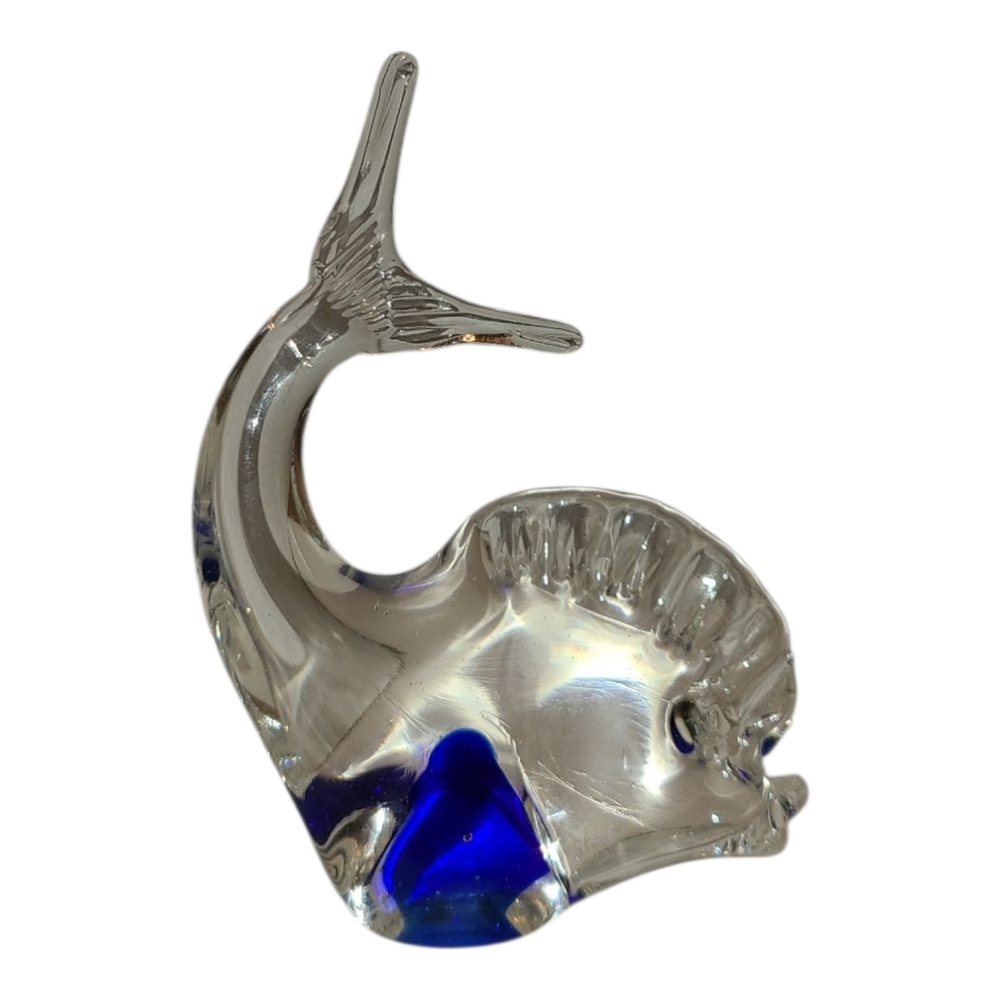 Murano Style Art Glass Big Lips Longtail Fish Colbalt Blue And Clear Figurine